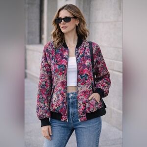 Glensport | Red and Pink Floral Bomber Jacket, Size 9/10